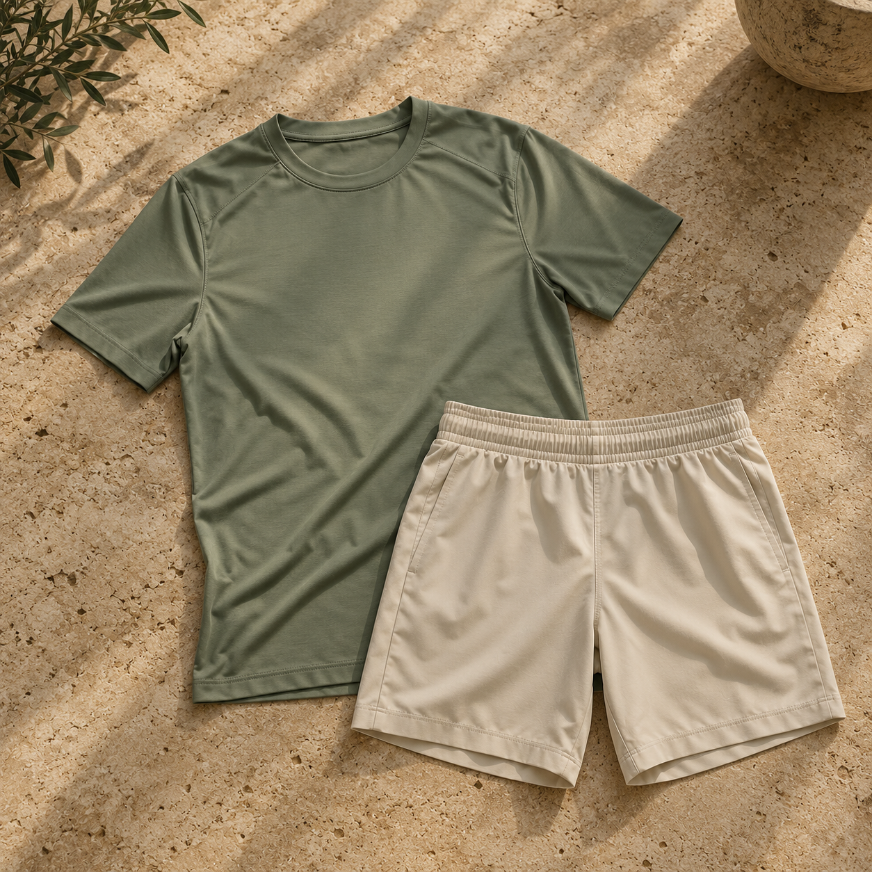 Folded olive green shirt and stone shorts on a travertine surface