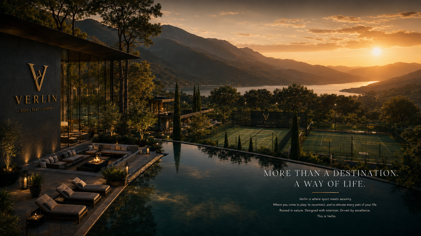 Sunset view of a future Verlin destination with padel courts, clubhouse and pool — More than a destination. A way of life.