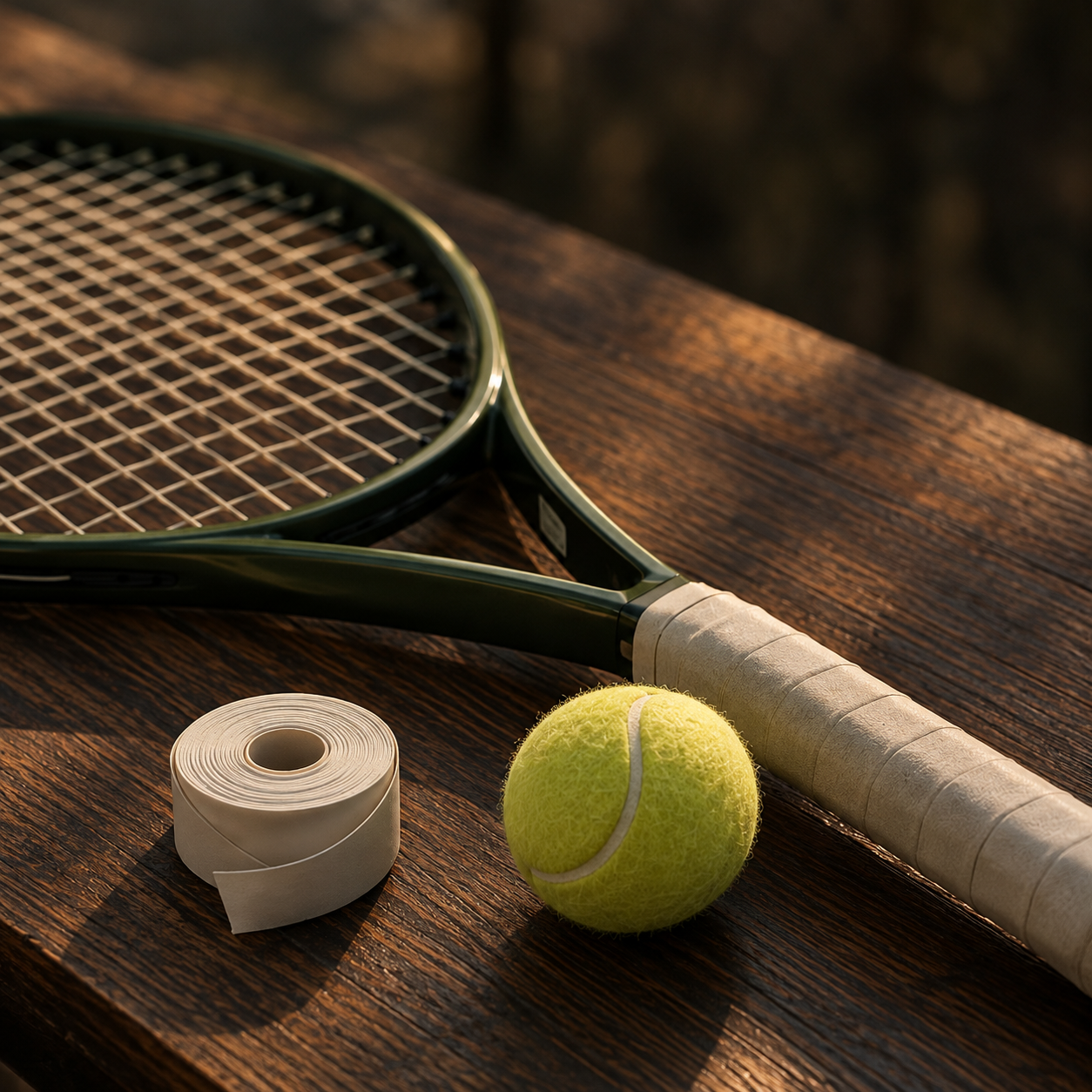 Tennis racket, ball and grip tape on a dark wooden bench