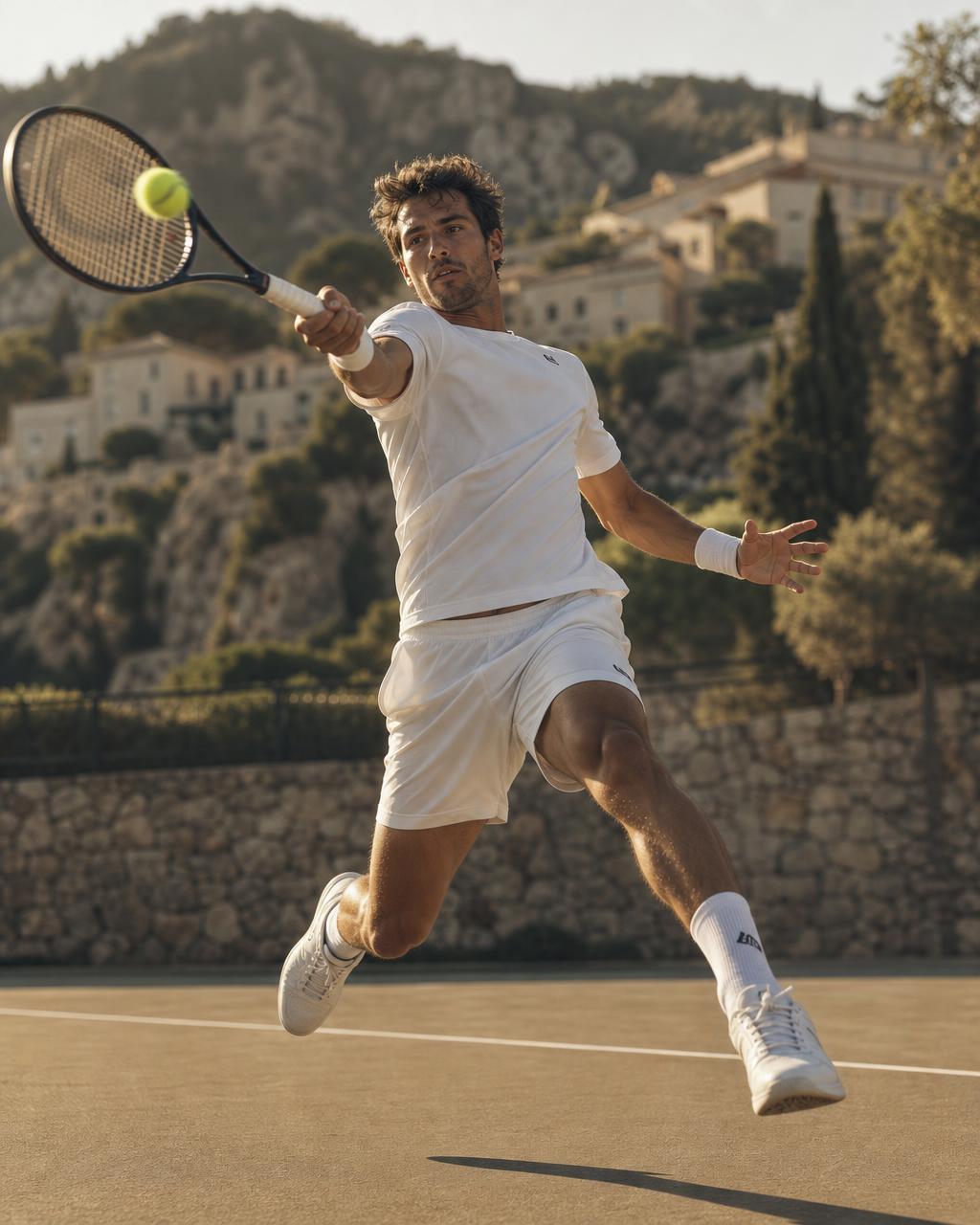 Tennis player striking a forehand at golden hour